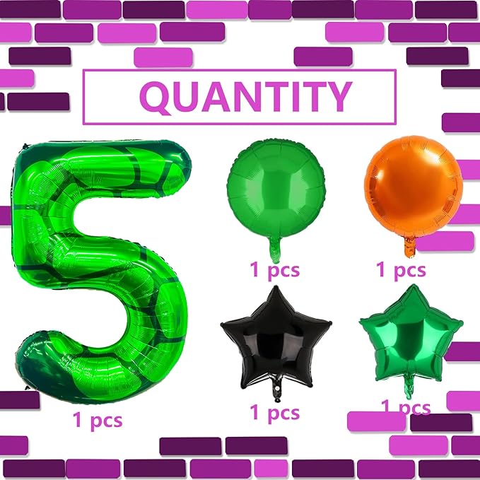 5Pcs Cartoon Turtle Theme Birthday Decorations 40 Inch Number 5 Foil Balloons Super Green Turtle Themed Hero Large Mylar 5th Number Balloon Video Game Pizza Balloons Party Favors Orange