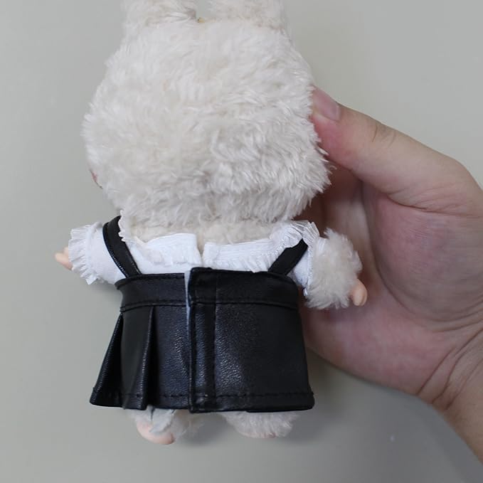 17cm Doll Clothes ,Black and White Cute Dress Outfit fits Labubu Girl- Chic Leather Overalls Skirt