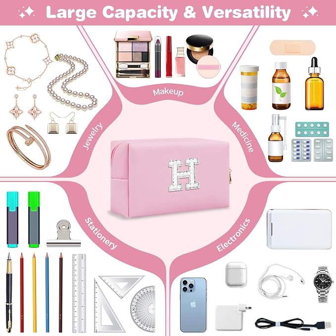 ChaoGreat Bride Gifts – Personalized Initial Makeup Bag with Pearl Rhinestone Patch, Preppy Pink Monogram Cosmetic/Toiletry Pouch, bridesmaid Gifts, Bridal Shower Gifts, Wedding Gifts, Bridal Gifts,H