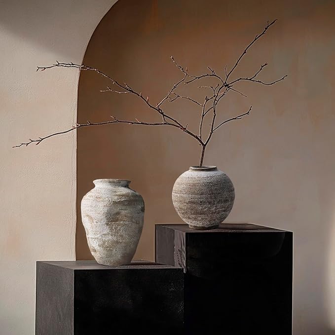 DIF DECO Ceramic Farmhouse Vase Rustic Decor,Pottery Decorative Flower Vases for Home Decor,Boho Vase for Table, Living Room,Bathroom,Shelf,Mantel Decoration,7.7 inch