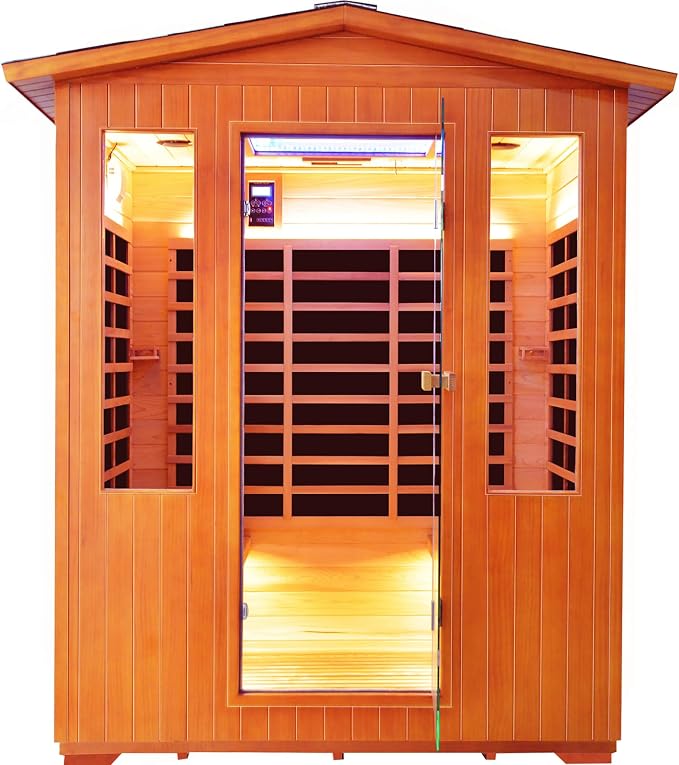 OUTEXER Outdoor 4 Person Sauna Far Infrared Saunas Dry Sauna Room Red Cedar and Canadian Hemlock Wood Wooden Sauna Spa 2600W 240V with 7 Color Light 62.2 * 46.8 * 81.9 inches