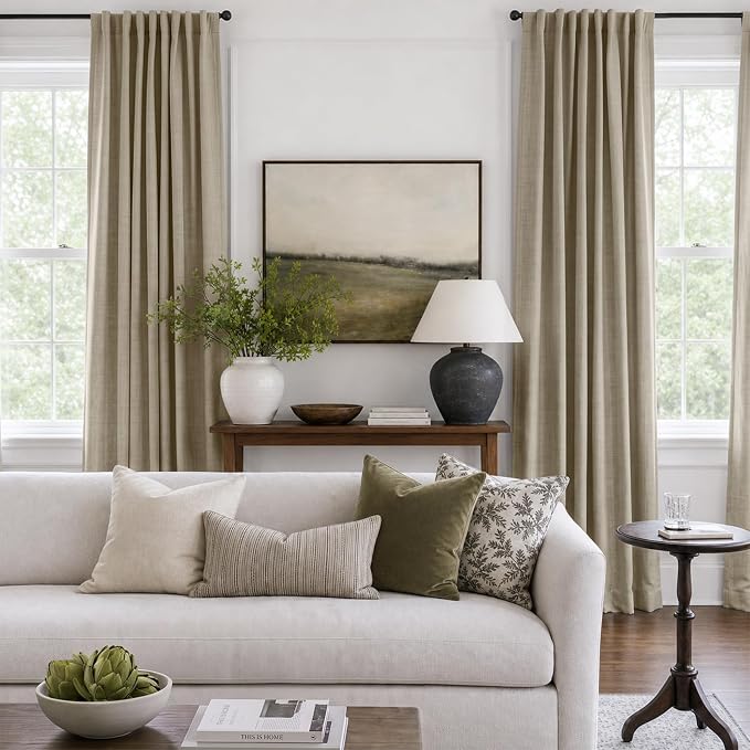 100% Blackout Shield Linen Blackout Curtains for Bedroom 90 Inches Long, Back Tab/Rod Pocket Living Room Drapes, Thermal Insulated Blackout Curtains 2 Panels Set, 50" W x 90" L, Plaza Taupe