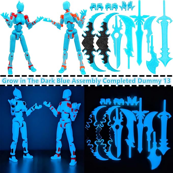 T13 Action Figures (Grow in The Dark Blue) Titan 13 Action Figures 3D Action Figure Set Already Assembled Dummy 13 Nova T-13 Robot 3D Printed Multi-Jointed Movable Toy (Blue Orange+ Blue Red)
