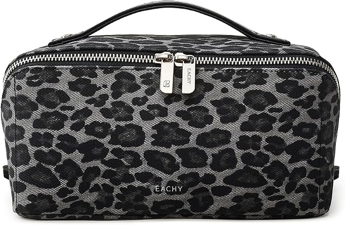 EACHY Travel Makeup Bag, Large Capacity Cosmetic Bag for Women, Waterproof PU Leather, Flat Open Portable Toiletry Bag for Skincare, Brushes & Travel Essentials