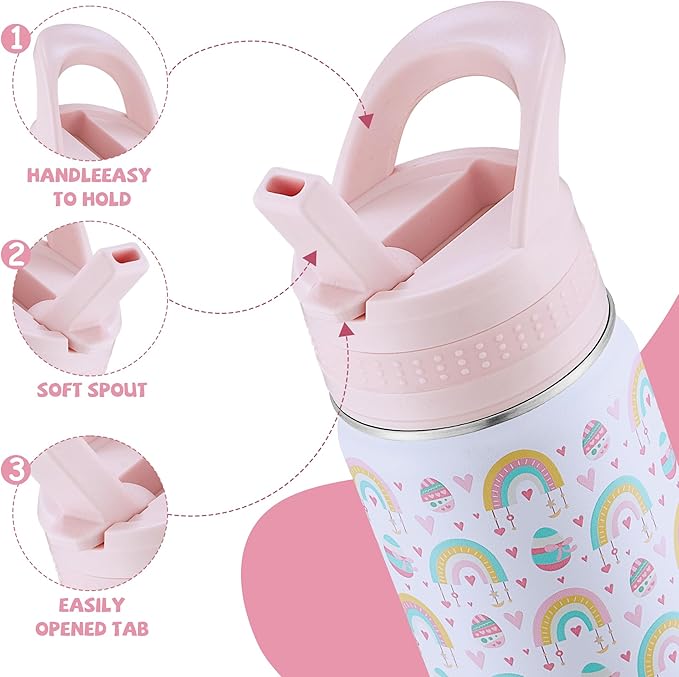 Kids Water Bottle,14oz Stainless Steel Insulated Water Tumbler Leak-Proof,School Water Mug,Small and Portable,Suitable for Boys and Girls to Use(White cartoon rainbow)