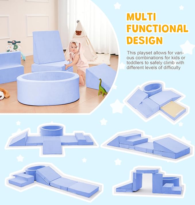 Elftopia Foam Climbing Blocks with Ball Pit & Stairs for Toddlers Aged 1-3 -Soft Playset for Indoor Crawling, Foam Playground Set for Baby to Active Playing Inside -(Balls NOT Included),Light Blue