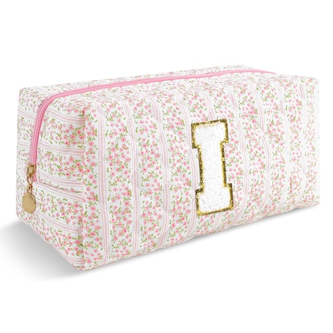 Personalized Quilted Cosmetic Bag, Puffy Monogrammed Christmas Birthday Gifts for Women & Girls, Cute initial Floral Makeup Bag Puffer Coquette Bag, Aesthetic Travel Toiletry Zipper Pouch(Pink,I)