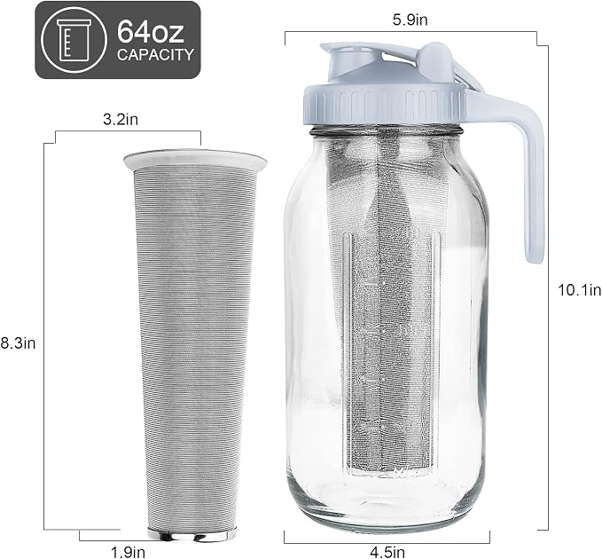 Cold Brew Coffee Maker,64 oz Mason Jar Pitcher with Stainless Steel Filter, Pour Spout Handle Lid, Heavy Duty Glass Airtight & Leak-Proof Pitcher for iced coffee Tea Lemonade-Gray