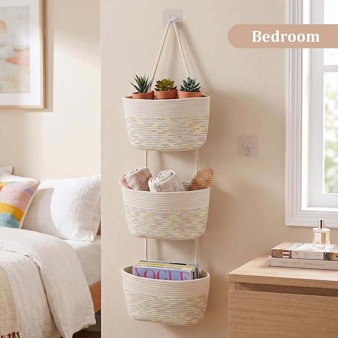 TeoKJ Over the Door Hanging Basket, 3-Tier Woven Cotton Wall-Mounted Storage Organizer Bag Decorative Hanging Nursery Baskets, White & Rainbow Stitching