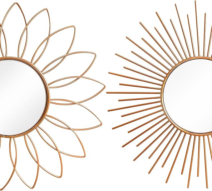 3 Pack Metal Mirrors for Wall Sunburst Wall Mirrors Home Décor Decorative Hanging Wall Art for Living Room Bedroom Entryway (Rose Gold2, Flower+Sunburst)
