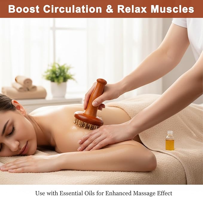29-Teeth Wooden Handle Copper Head Massage Comb and Sandalwood Triangle Massager, Body & Scalp Gua Sha Tools Set for Meridian Acupressure, Stress Relief, Cellulite Remover