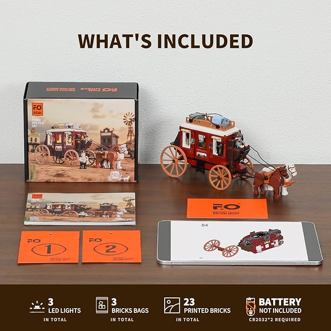FUNWHOLE Western Stagecoach Lighting Building-Bricks Set - Old West Carriage and Horse 293 Pcs Collection Display Set for West Lovers