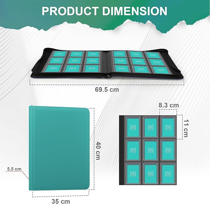 Toploader Binder,Trading Card Binder Storage Hold up 288 Cards 9-Pocket Top Loader Binder with Sleeves for 3"x4" Rigid Toploaders Hard Cases (9Cyan5)