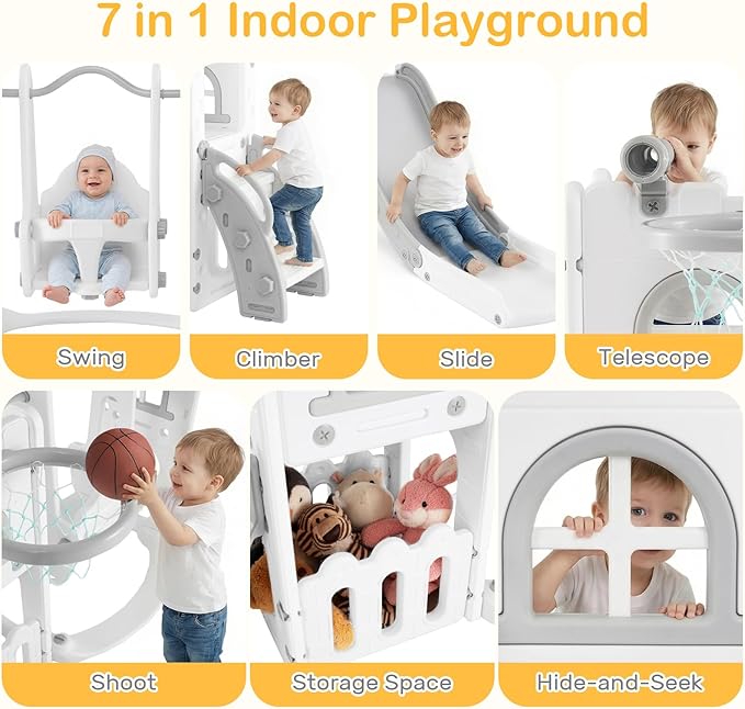 OLAKIDS Toddler Slide and Swing Set, 7 in 1 Kids Indoor Outdoor Playground with Climber Basketball Hoop Telescope Toy Storage for Boys Girls Aged 1+ (Grey)
