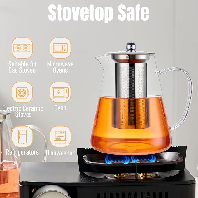 Baalaka Glass Teapot 44oz/1300ml, Tea Pot with Removable Infusers for Loose Tea, Borosilicate Glass Tea Kettle Tea Maker Stovetop for Camping, Tea Infuser for Loose Leaf Tea Travel