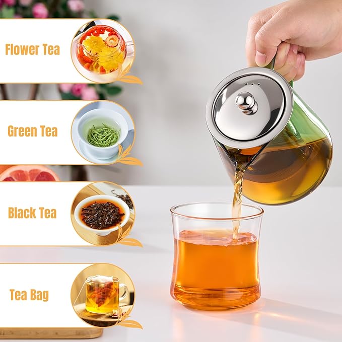 PARACITY Glass Teapot Stovetop 32OZ, Borosilicate Clear Tea Kettle with Removable 18/8 Stainless Steel Infuser, Teapot Blooming and Loose Leaf Tea Maker Tea Brewer (Green, 550ML)
