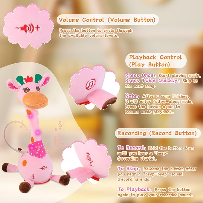 LUKETURE Dancing Talking Singing Pink Giraffe Toy Stuffed Plush, Interactive Stuffed Animal Toy, Musical Giraffe Plush with Record & Repeat, Sings 10 Songs, LED Lights