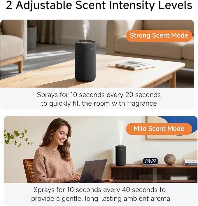 Nimin Smart Auto Start-Stop Car Diffuser, Waterless Essential Oil Diffuser for Home & Car, 2000mAh Battery Powered Cordless Scent Machine, Fits 5/10/15ml Bottles, Black