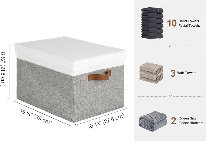 StorageWorks Fabric Storage Bins with Lids, Closet Storage Bins | Lidded Dust-proof, Easy Pull Handles, Foldable, Stackable, Ideal for Clothes Blanket Towel, Large, Gray and White, 3-Pack