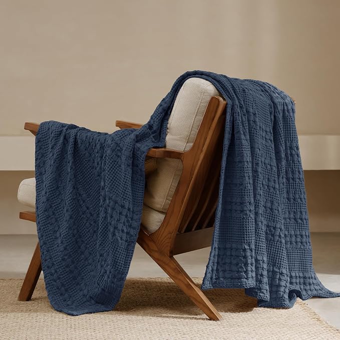 PHF 100% Cotton Waffle Weave Throw Blanket, Lightweight Breathable Summer Blanket for Couch Sofa, Pre-Washed Soft Throws for Bed, Office, Travel & Stylish Home Decor, 50"x60", Indigo