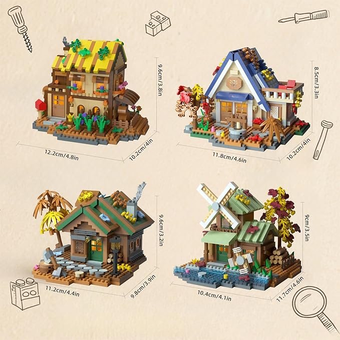 4 Styles Forest Flowers Wood Frame Cabin Mini Micro Building Blocks Set - Exquisite Cottage Construction Toys, Fun DIY Project for Adults & Kids, Premium Gift for Block Enthusiasts