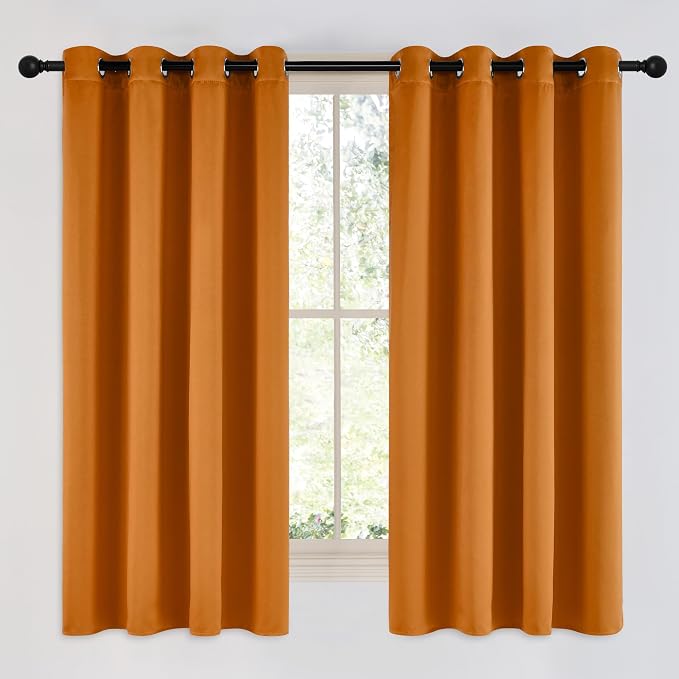 NICETOWN Room Darkening Orange Curtains 63 inches Long - Grommet Faux Silk Thermal Drapes Light Reducing Energy Saving Privacy Window Treatments for Bedroom, 2 Panels, W52 x L63