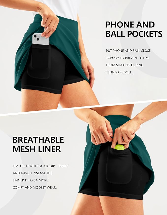 16" Golf Skirt with 2 Zipper Pockets | Tee Holder, Mesh Shorts, High Waisted, Casual, Pickleball, Athletic, Tennis, Skorts for Women