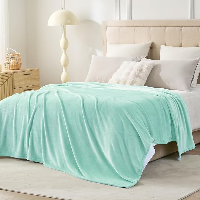 Hansleep Queen Mint Green Fleece Blanket, Soft Flannel Bed Blanket | Fuzzy Cozy Blanket 90x90 Inches, Multi-use for Bed, Sofa, Couch, Travel, Camping, All Season Warm Lightweight Cover