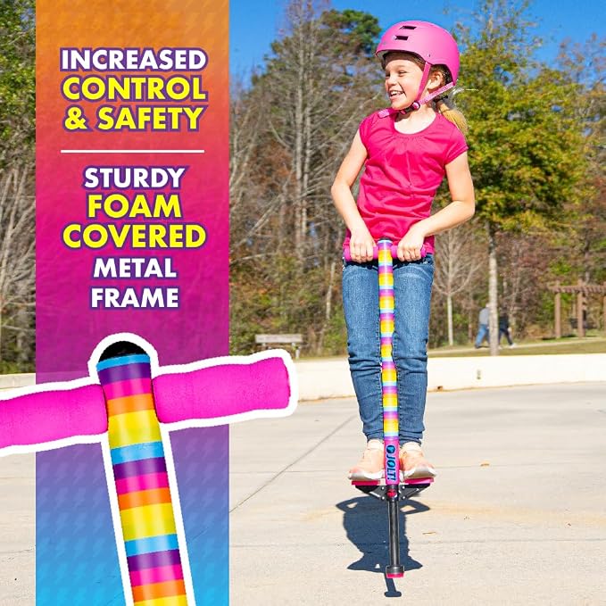 Flybar Jolt Pogo Stick for Kids, Perfect for Beginners w/ Foam-Covered Metal Frame, Handles & Padding, Non-Slip Foot Pads, Wide Tip, Outdoor Active Play Toy for Boys & Girls, Ages 6+, Rainbow