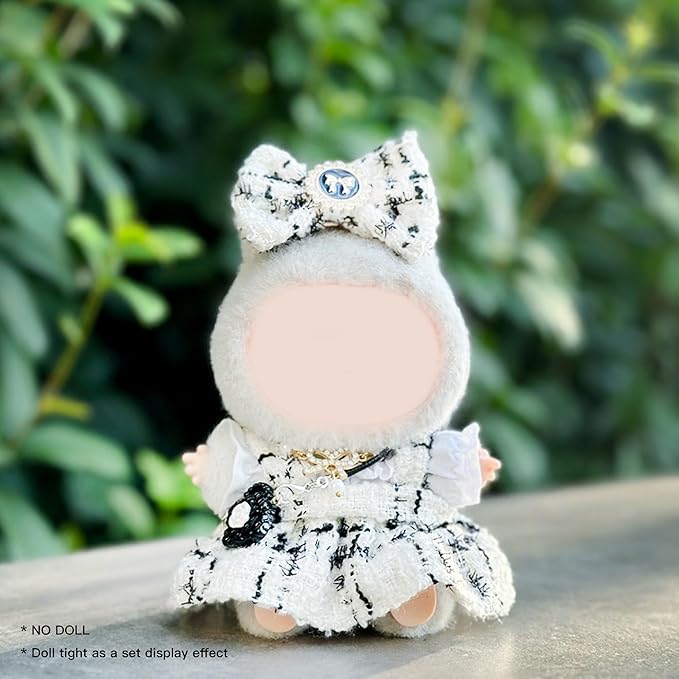 17cm Doll Clothes Set and Accessories Suit,(NO Doll) 5-Piece Set, Outfits for Clothes Set, Dolls Keychain Accessories, Includes Dress, White Clothes，Matching Hair Bow, Necklace, Bags(White)