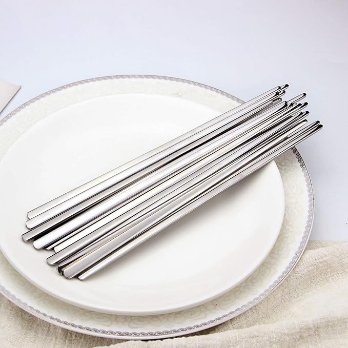 IQCWOOD 10 Pairs 304 Stainless Steel Korean Chopsticks, 8.66 Inch | Reusable Korean Chopsticks for Daily Meals, Metal Classic Style Chopsticks with Flat Design, Dishwasher Safe, for Asian Food