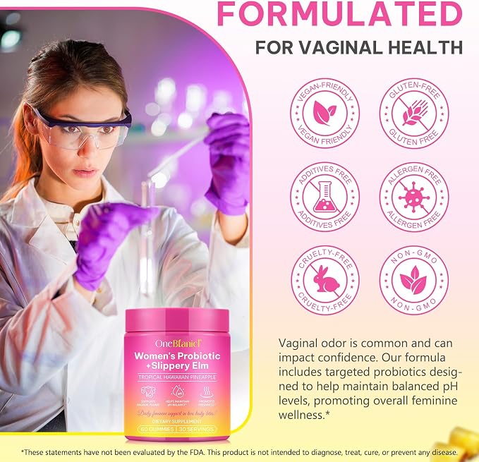 Feminine Probiotics Gummies 2PCS, Vaginal Probiotics for Women Gummies with Slippery Elm,Feminine Balance pH for Healthy Odor,Improve Immune,Support Vaginal Health,Natural Pineapple Flavor,60 Count