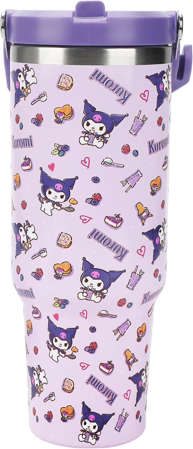 Bioworld Kuromi Purple All-Over Print 40 Oz Stainless Steel Tumbler With Handle