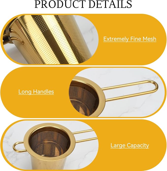2pcs Tea Diffuser, Stainless Steel Tea Strainer Fine Mesh Tea Infuser with Double Long Handles Loose Leaf Tea Steeper for Mugs Cups Teapots (Gold)
