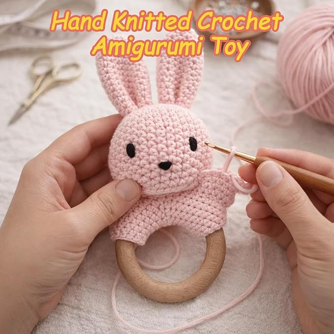 Baby Rattle Teether Bunny Pink Crochet Rabbit Toy for Baby Girl Handmade Knitted Easy Grip Wood Handle for Gum Relief Woodland Animal Plush Stuffed Easter Basket Shower Gift Newborn