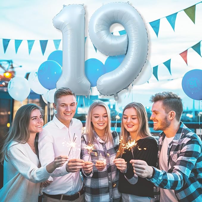 Foil 19 Balloon, Light Baby Blue Big Number 19 Balloons for Boy Birthday Party Decor, 40 Inch Helium Self Inflating Number 19 Pastel Sky Blue Balloon for Men 19th Birthday Party Anniversary Decoration