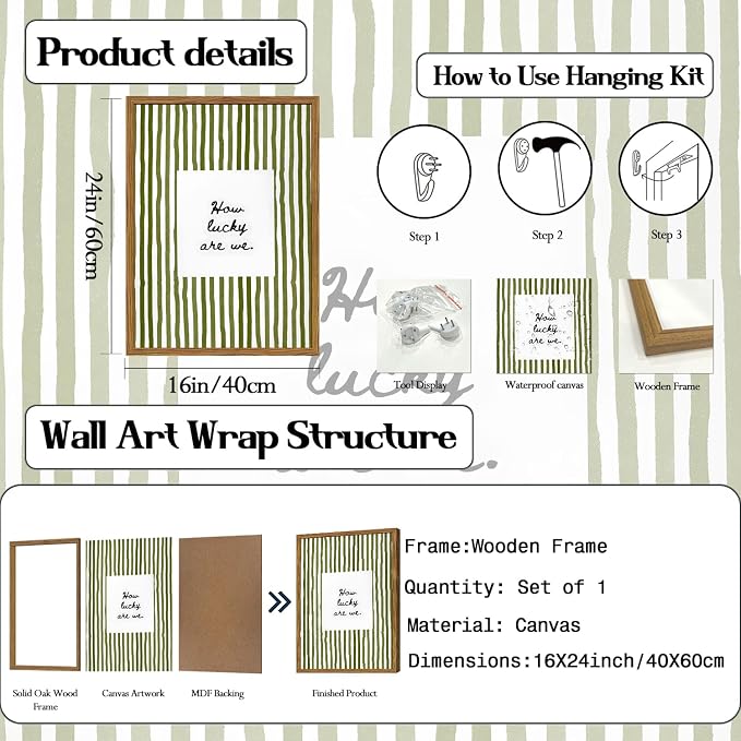 Framed How Lucky Are We Wall Art, Green Striped Pictures Wall Decor, Trendy Inspirational Quote Paintings Canvas Prints Preppy Home Decor for Living Room Bedroom Office Dorm 16x24 inch