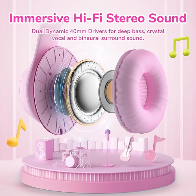 EarFun K3 Kids Headphones, USB Type C Over Ear Headphones for Kids, Volume Limit, HD Stereo Sound, Comfortable Fit, Foldable Wired Headphone for School/Travel/Boys/Girls/Tablet/iPad, Pink