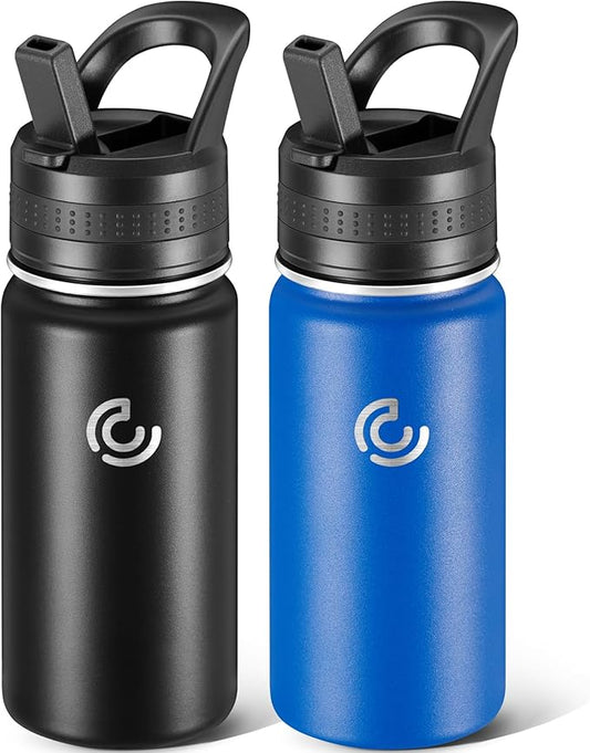 2 Pack Kids Water Bottle,14oz Stainless Steel Insulated Water Tumbler Leak-Proof,School Water Mug,Small and Portable,Suitable for Boys and Girls to Use(Black + Blue)