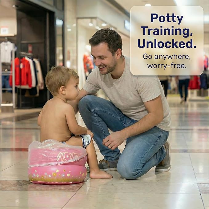 Travel Potty Seat for Toddlers - Inflatable Portable Toilet Kids Chair, Foldable Compact Lightweight Potty for Camping Road Trips, Outdoor Car Travel, Holds 66 lbs and 20 Durable Disposable Bags