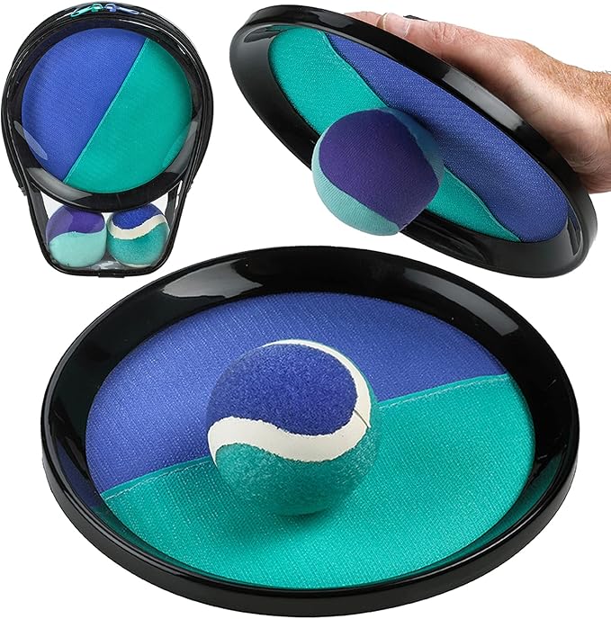 Kicko Toss and Catch Ball Game - Purple and Teal -Paddle Balls with Catcher Mitts, Hard and Soft Tennis Balls, & Travel Case - for Kids Indoor or Outdoor Team Sports, Backyard or Beach New & Improved