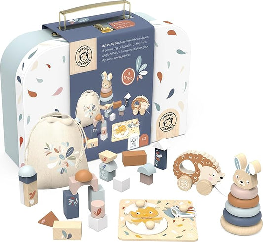 SPEEDY MONKEY My First Toy Box – Multicolor Wooden Nursery Toy Set for Kid, FSC Certified Play Box for Toddler, Includes Building Blocks, Stacking Rabbit, Chick Puzzle & Pull-Along Hedgehog