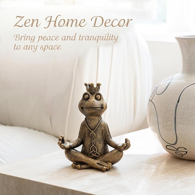 Meditating Zen Frog Statue Decor with Bonus Om Necklace - 5.8" Hand-Painted Resin Figurine - Yoga Room, Office Desk & Shelf Ornaments - Mindful Spiritual Gift for Women & Yoga Lovers（Gold）