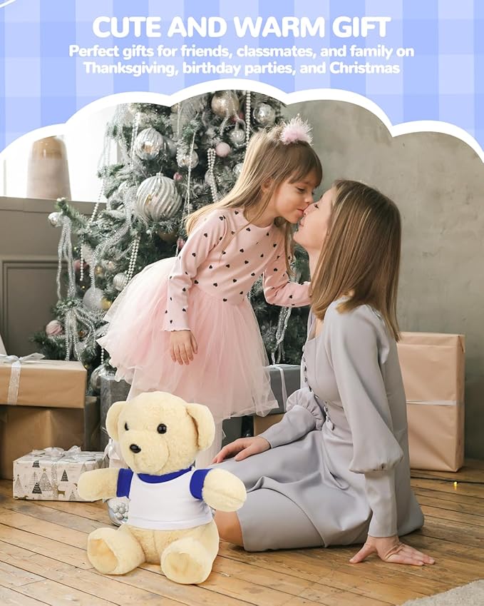 4 PCS Stuffed Bear Basic T Shirt Clothes for 10-12Inch, T Shirt Classic Crew Neck Bear, Cute Tiny Clothes DIY Bear Toy (10-12 Inch,White+Bule)