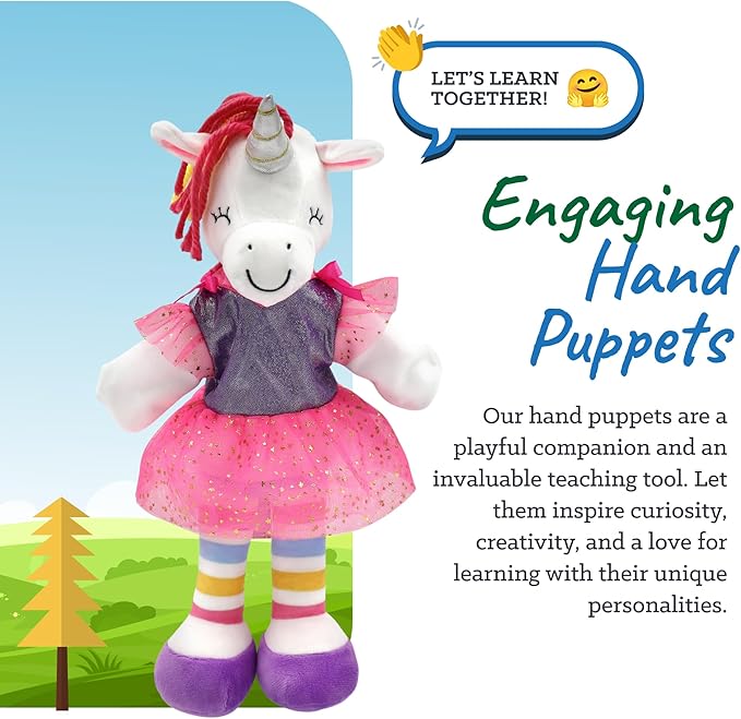 Sharewood Forest Friends Piper The Unicorn Hand Puppet - Stuffed Animal for Toddlers, Kids, Teachers, Daycare & School - Perfect for Puppet Theatre and Creative Play