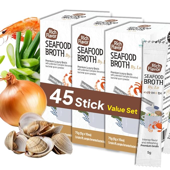 Korean Food Seafood Broth Powder Sticks, Rich Flavor, Soup Base, 3Pk, 225g | Individually packed seafood stock sticks for soups, stews, noodles, and Korean cooking