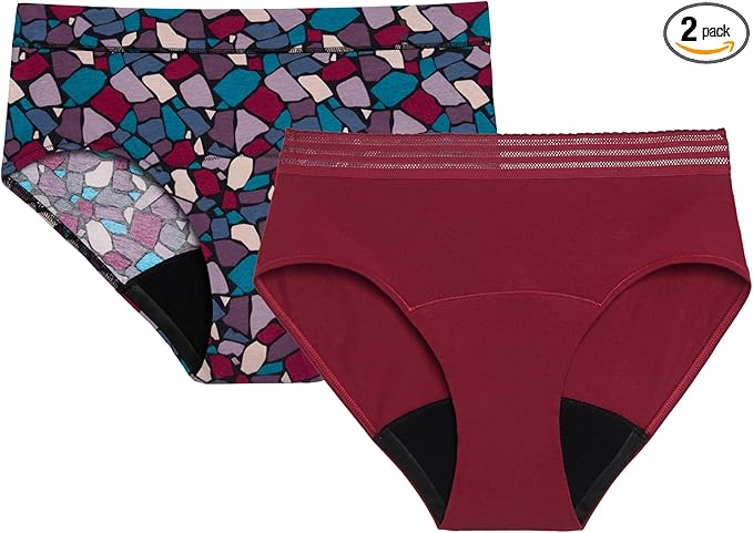 Thinx for All Period Underwear, Everyday Comfort Brief, Holds Up to 12 Regular Tampons*, Period Panties, Leakproof, Reusable & Controls Odor, Mosaic + Rhubarb with Lace, S