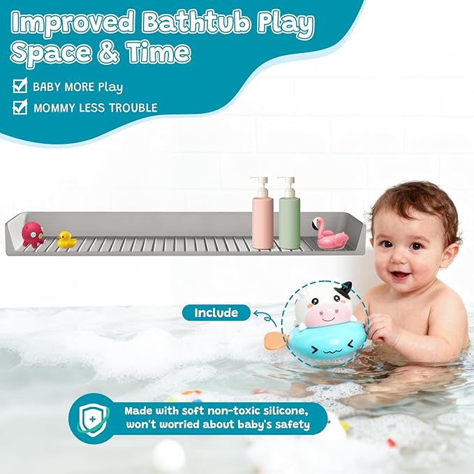 Longer 2.6 Ft Bathtub Splash Guard for Tub, Silicone Water Splash Guard with Strong Suction Cups & Toy, Bath Toy Holder, No Mess Water Spill in Bathroom for Toddlers Kids Baby