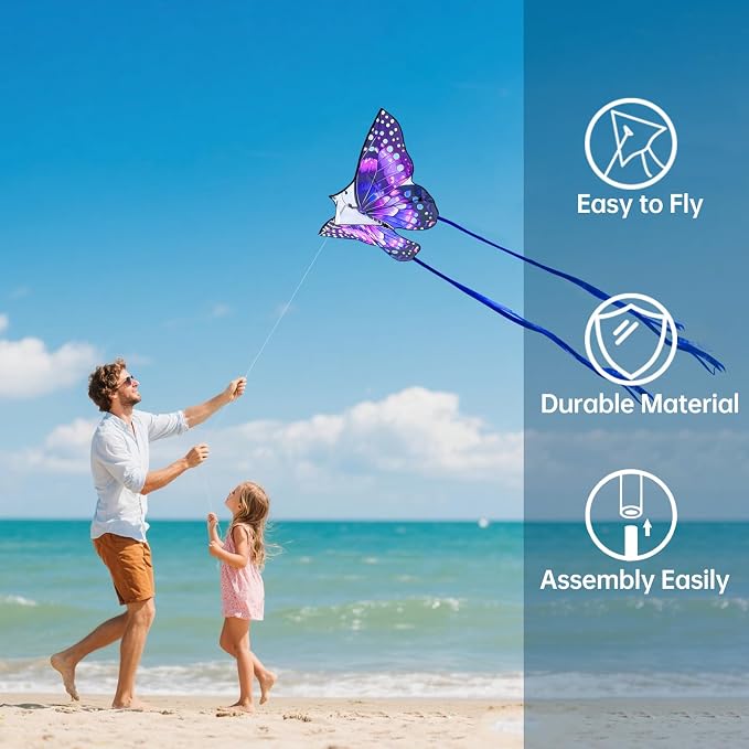 Butterfly Kites for Kids and Adults, Easy to Fly Large Single Line Kite for Boys and Girls - 55" x 28" Beach Kite for Beginners, 300ft String Handle Included