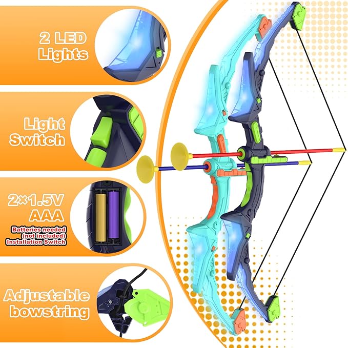 2 Pack Kids Bow and Arrow Set with LED Flash Lights, 14 Suction Cup Arrows and Fluorescence Standing Target-Perfect Indoor and Outdoor Game Archery Set Toy Gift for 4 5 6 7 8-12 Year Old Boys